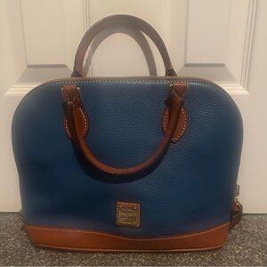 Dooney & Bourke Blue Leather Dome Satchel with Brown Trim and Gold Hardware